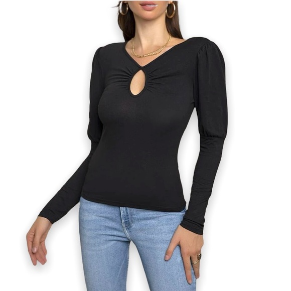 New Boho Solid Black Cutout Ruched Exaggerated Puff Sleeve Blouse Fitted Tee - Picture 7 of 9